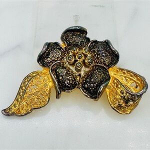 Flower Brooch Pin Gold Tone and Gunmetal Burnished Finish Ribbon Bow Romantic